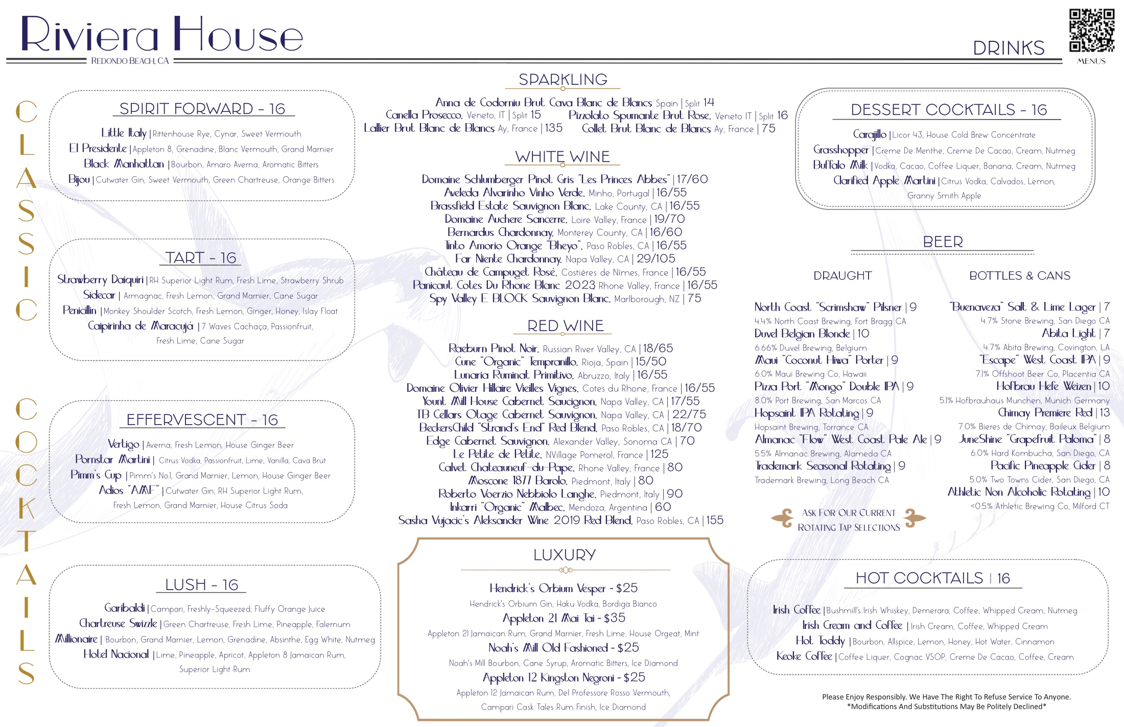 Drinks menu with cocktails, wine, and beer. The same menu is available as a downloadable PDF above.